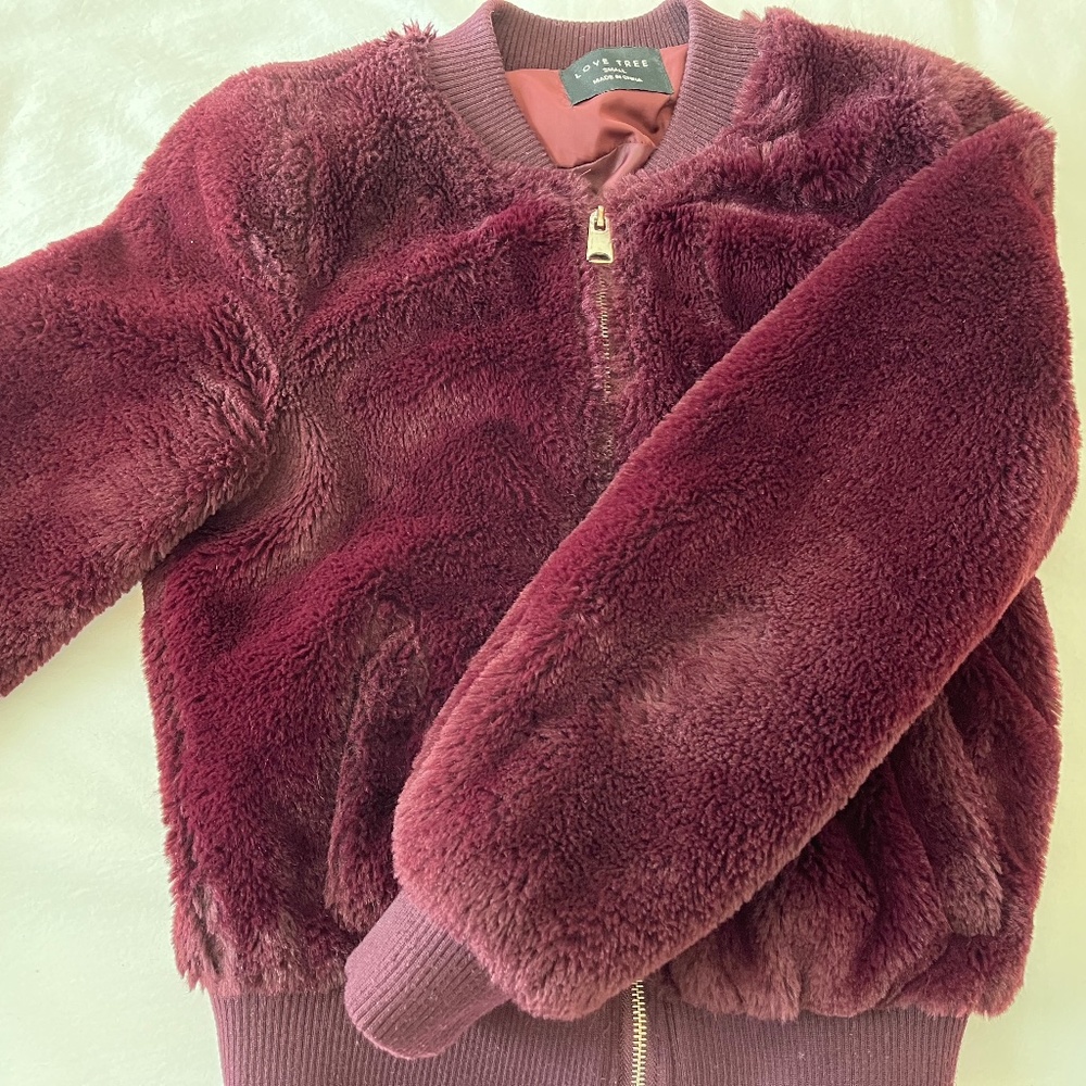 Love Tree Merlot Red Faux Fur Bomber Jacket